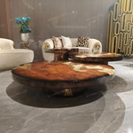 Luxury Nesting Coffee Table Set with Natural Burl Wood Veneer and Hammered Metal Detailing